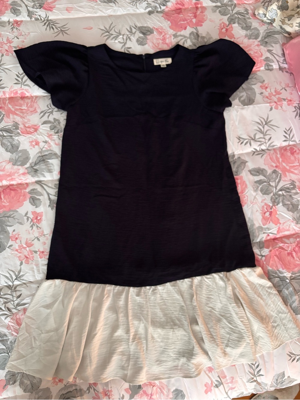 Navy and White Ruffle-Hem Dress